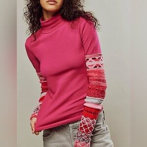 Free People Pink Turtleneck Sweater with Red and Pink Patterned Sleeves